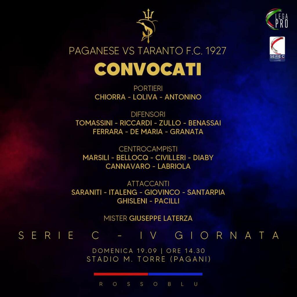 Fotonotizia Taranto I Convocati Per La Sfida Di Pagani