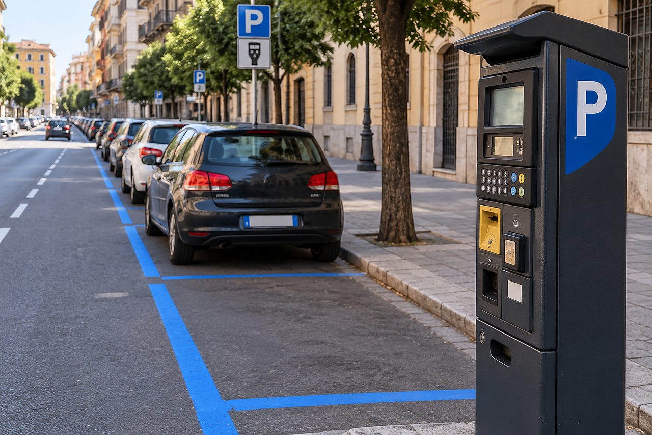 Parcometro e auto in sosta blu