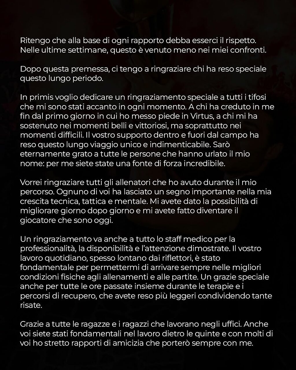 La seconda parte del post di addio di Alessandro Pajola