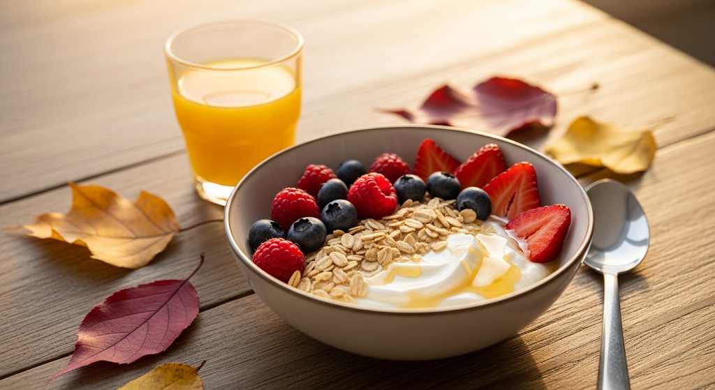Colazione autunnale in controluce – yogurt, frutta, fiocchi d’avena su un tavolo di legno, con foglie secche.