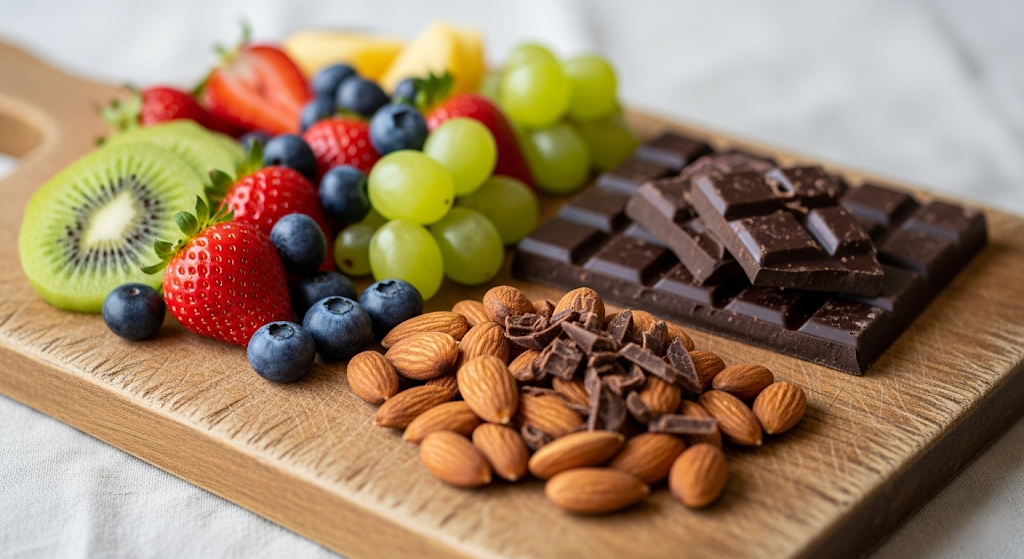 Snack da merenda – tagliere con frutta fresca, cioccolato e mandorle.