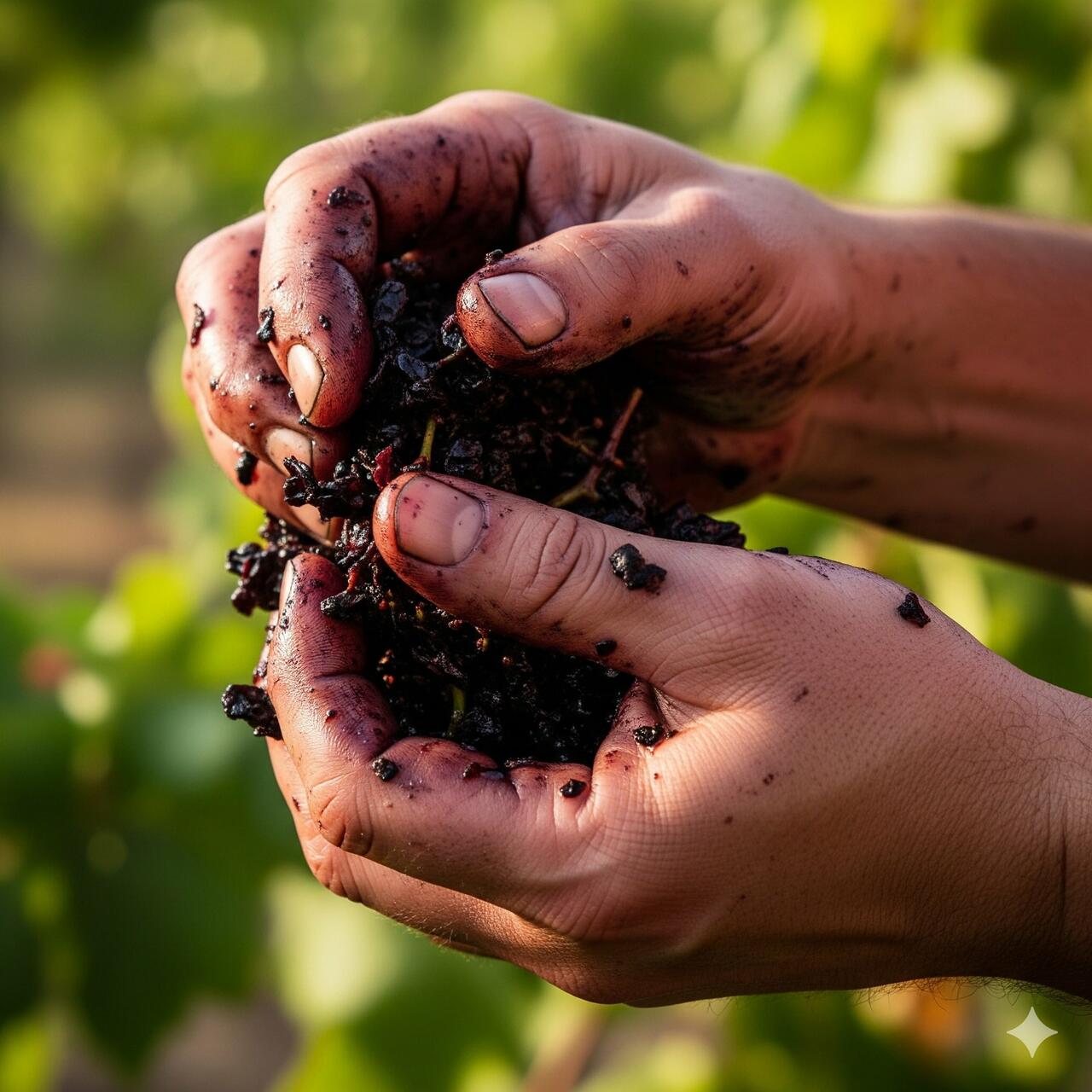 mani sporche di mosto durante la vendemmia