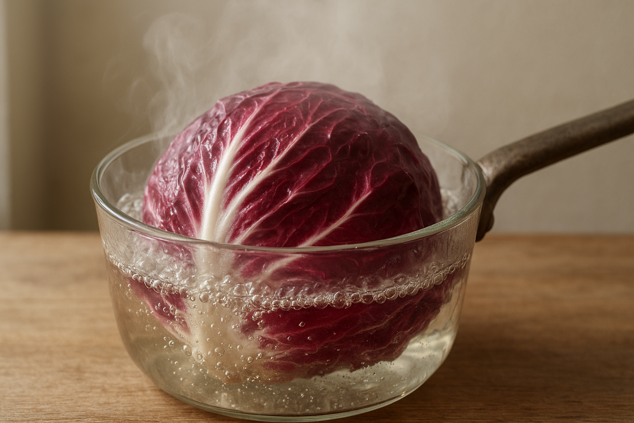 radicchio intero in infusione in un tegame trasparente