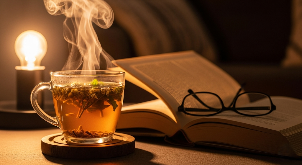 Tazza di tisana fumante – in un contesto serale cozy