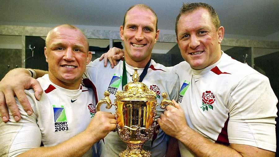 Neil Back, Lawrance Dallaglio e Richard Hill, la terza linea dell'Inghilterra e dei British Lions