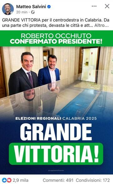 Salvini esulta sul suo Facebook