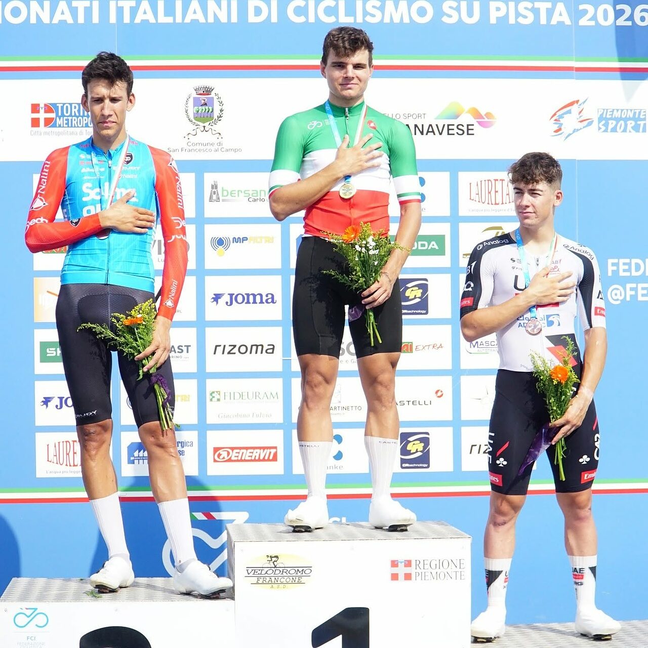 Matteo Fiorin  (Cs Esercito) campione italiano nell'Omnium davanti a Niccolò Galli (Solme Olmo Arvedi) e a Davide Stella (Uae Team Emirates Gen Z)©Velodromo Francone via Fb