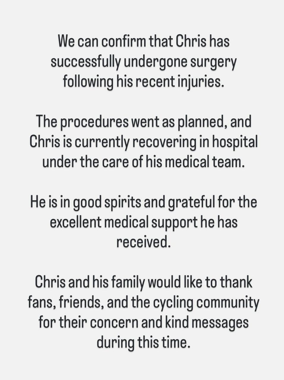 Il comunicato sulle condizioni di Chris Froome dopo l'incidente occorsogli ieri nei pressi di Saint-Raphaël