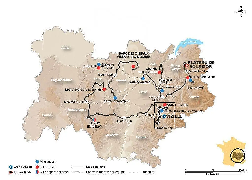 Tour Auvergne-Rhône-Alpes 2026, la planimetria