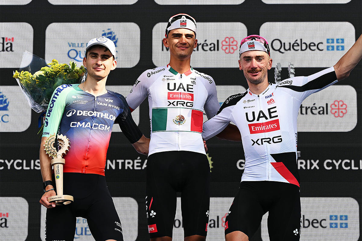 Paul Seixas, Isaac Del Toro, Brandon McNulty sul podio del GP de Montréal 2026 © Decathlon CMA CGM