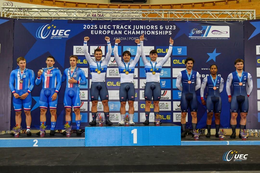 Il terzetto veloce con Stefano Minuta, Mattia Predomo e Daniele Napolitano conferma il titolo agli Europei Under 23 di Anadia ©taskfoto/UEC