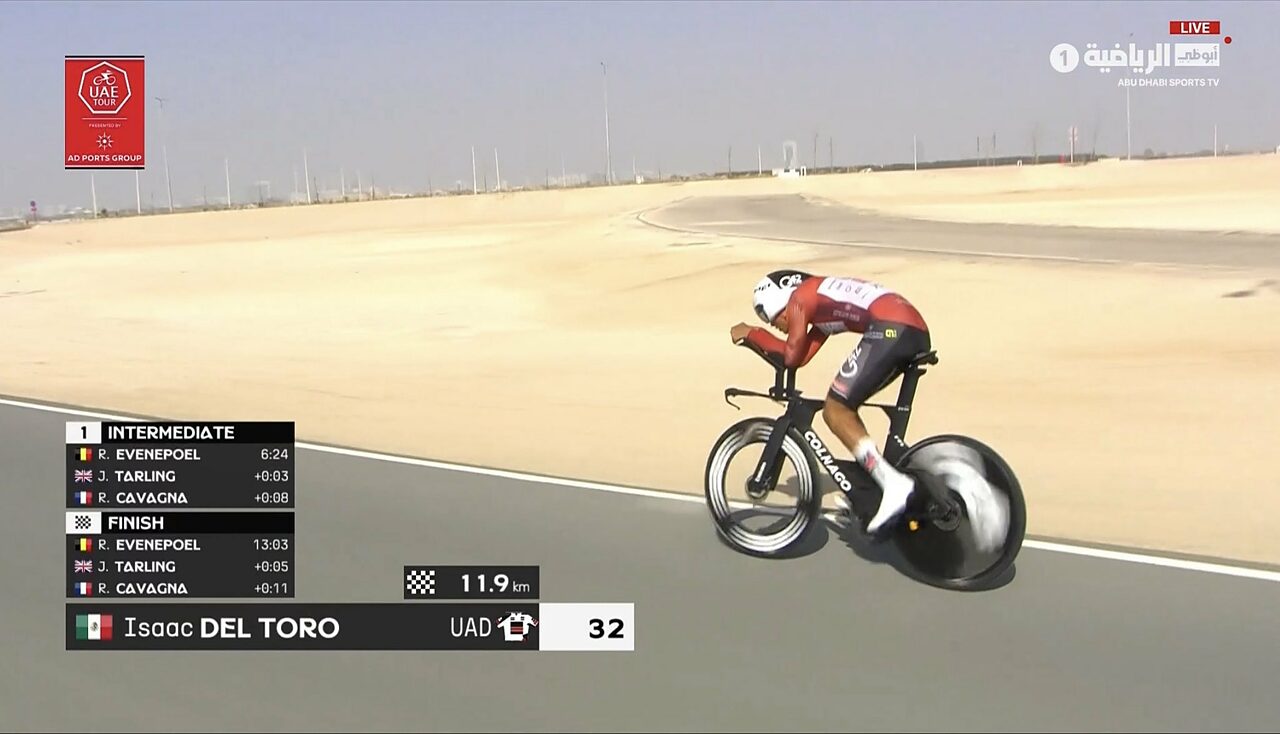 Isaac Del Toro dopo il passaggio al primo intermedio della crono