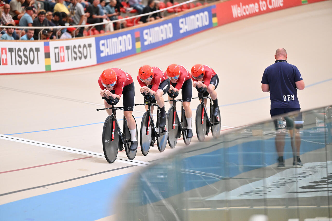 Il quartetto maschile danese ai Mondiali di Santiago del Cile 2025, qualificato alle semifinali con il miglior tempo ©UCI Track Cycling