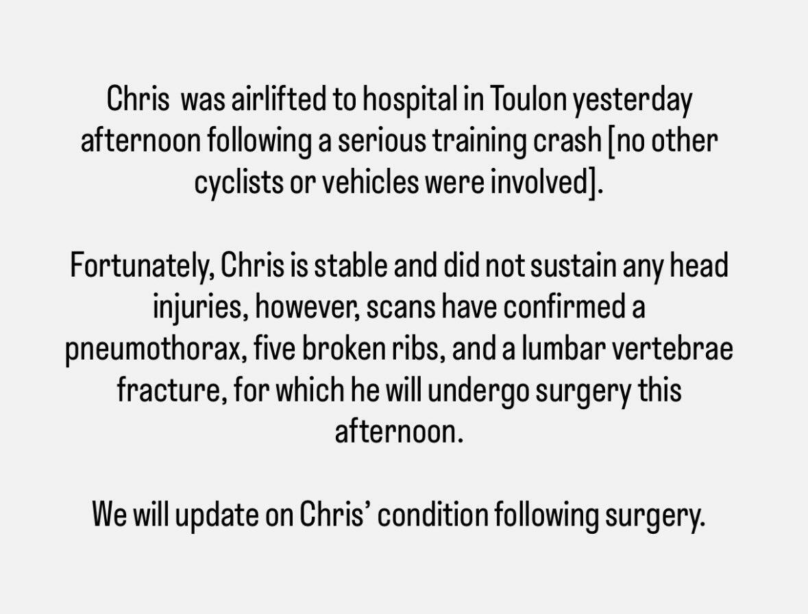 Stato della squadra sull'incidente di Chris Froome, investito oggi da un'auto