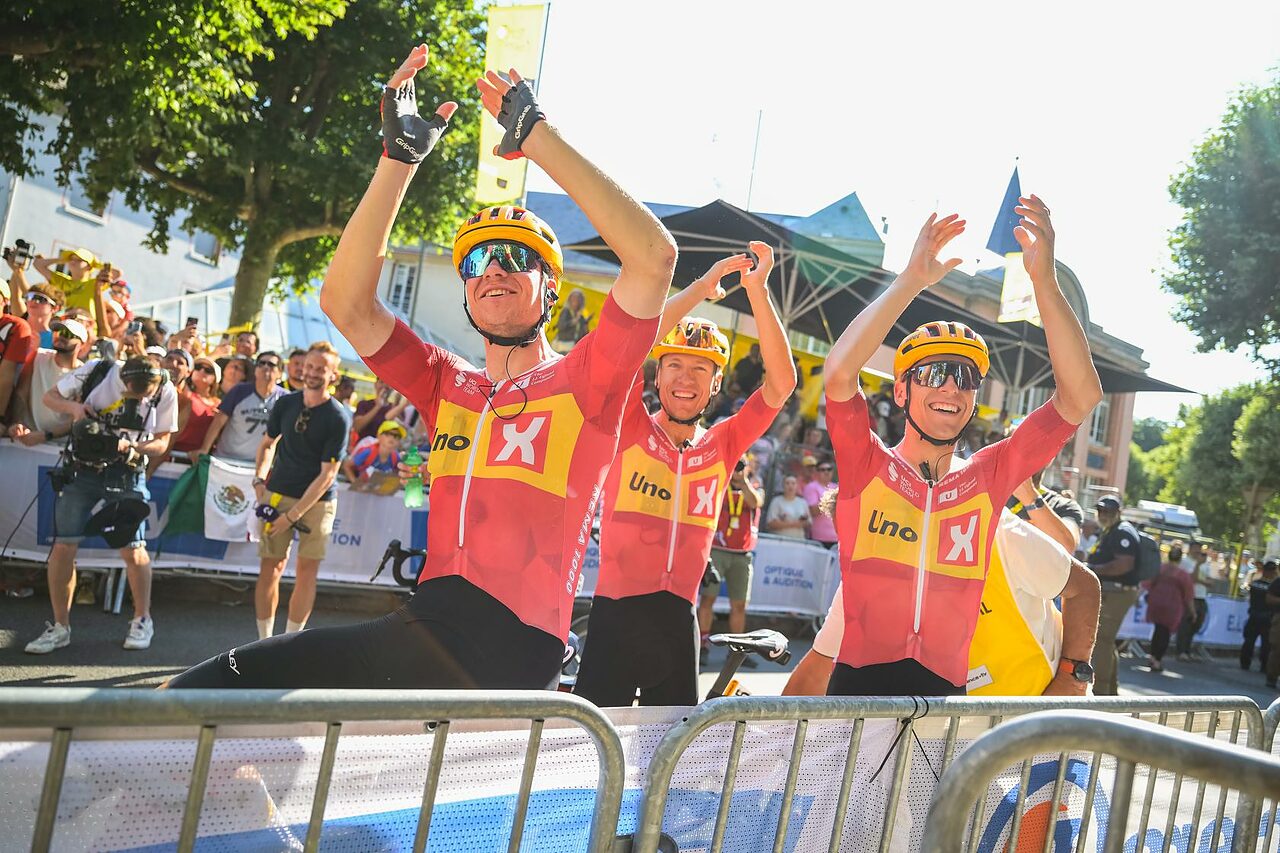 Gli uomini della Uno-X Mobility festeggiano la maglia gialla di Torstein Træen al termine della quarta tappa del Tour de France © Maillot Jaune LCL via X