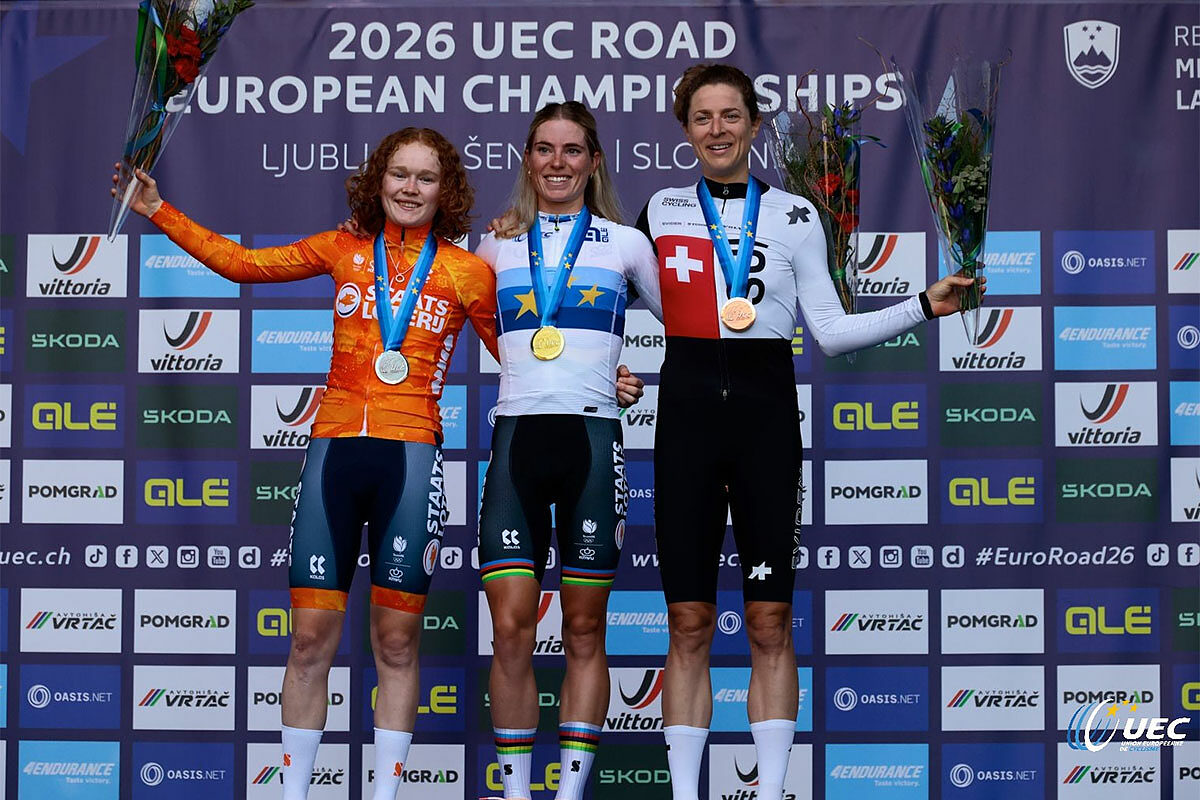 Puck Pieterse, Demi Vollering e Marlen Reusser sul podio dell'Europeo 2026 © UEC