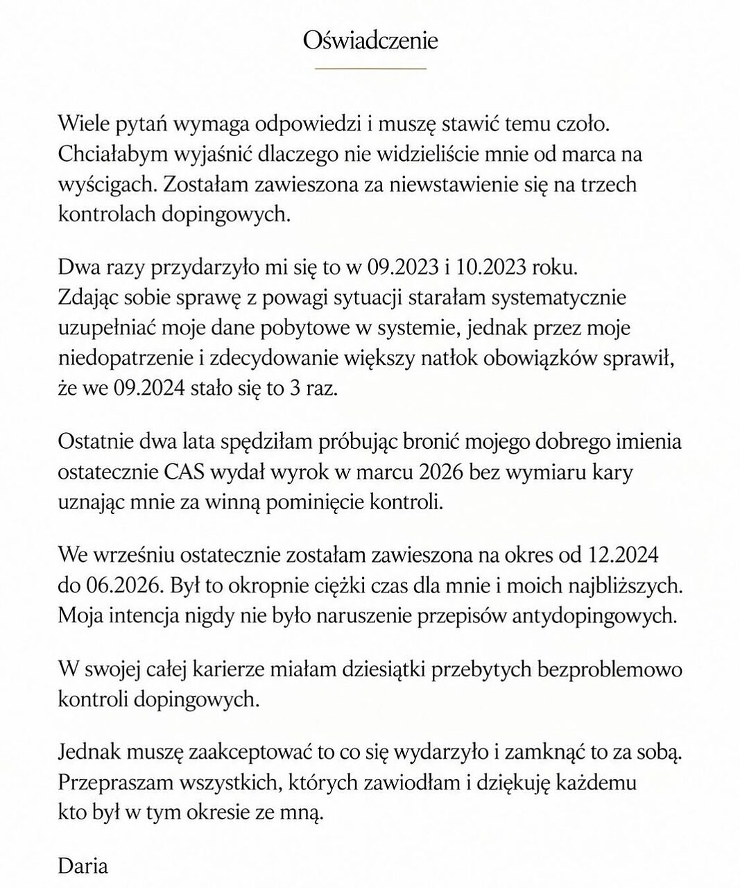 il post sul profilo Instagram di Daria Pikulik