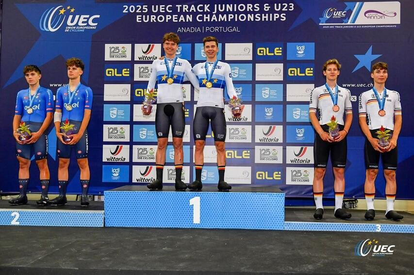Julian Bortolami e Riccardo Colombo hanno conquistato l’argento nella Madison juniores agli Europei su pista Juniores e U23 di Anadia 2025 © UEC