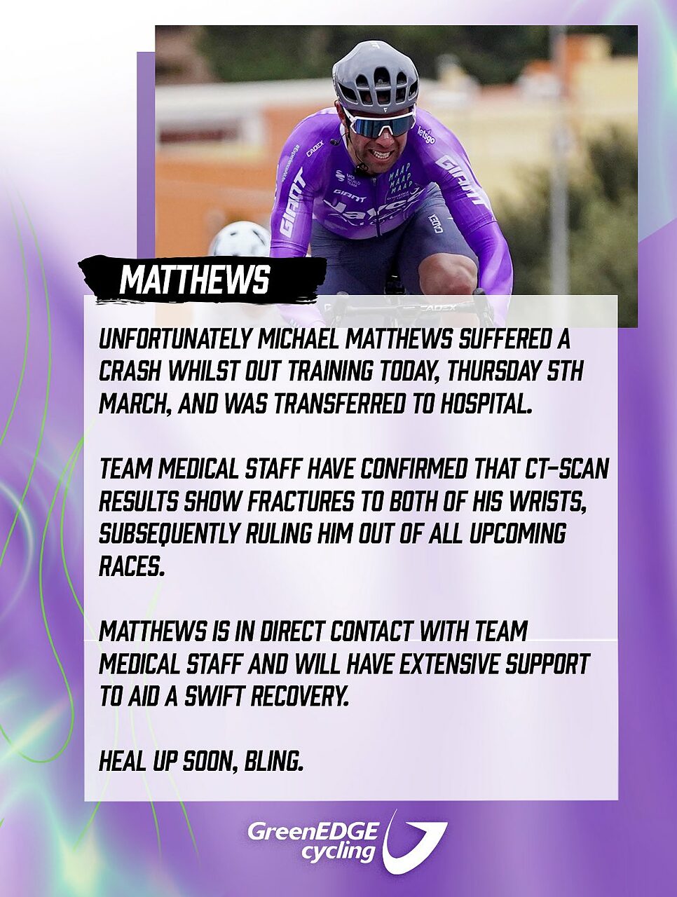 L'infografica con cui la Jayco-AlUla ha comunicato l'infortunio di Michael Matthews