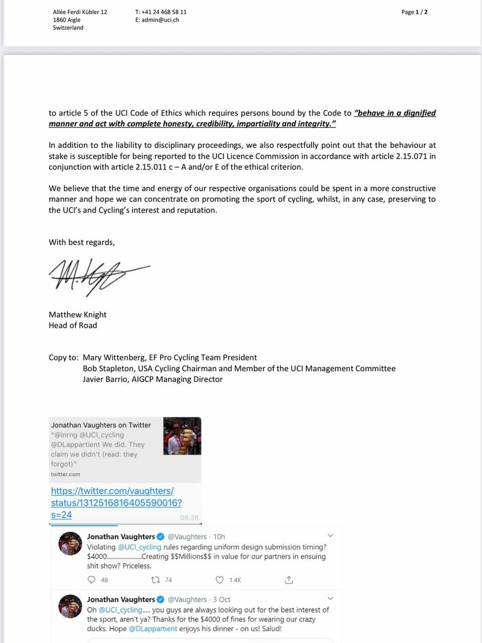 la lettera di richiamo dell'UCI pubblicata da Vaughters