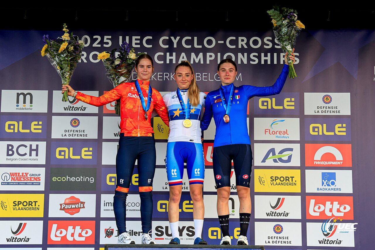 Il podio della categoria Donne Junior dei Campionati Europei di ciclocross 2025 © UEC Cycling via X