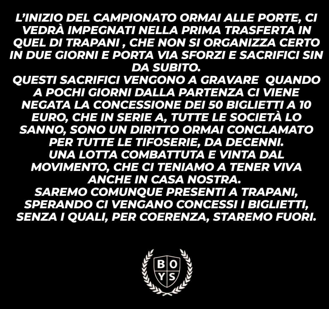 L'accusa dei Forever Boys: Trapani ci nega i 50 biglietti a prezzi agevolati
