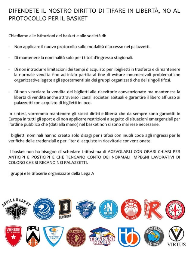 I tifosi organizzati delle squadre LBA: no al nuovo protocollo