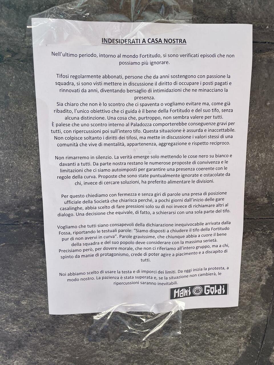 Un comunicato del club di tifosi Fortitudo "I mani goldi"