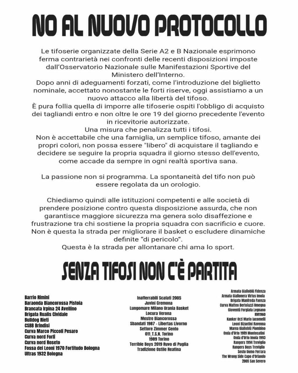 Le tifoserie di A2 e B: no al nuovo protocollo