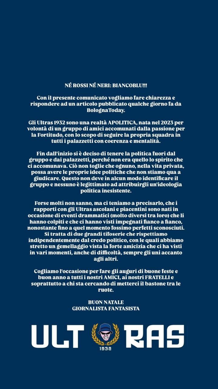 Comunicato Ultras 1932: né rossi né neri, biancoblu!