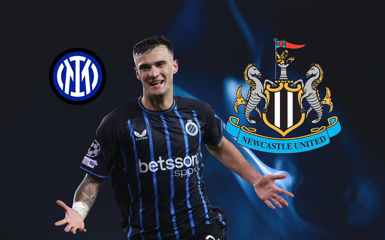 Aleksandar Stankovic in maglia Club Brugge tra i loghi di Inter e Newcastle in una grafica di calciomercato 2026
