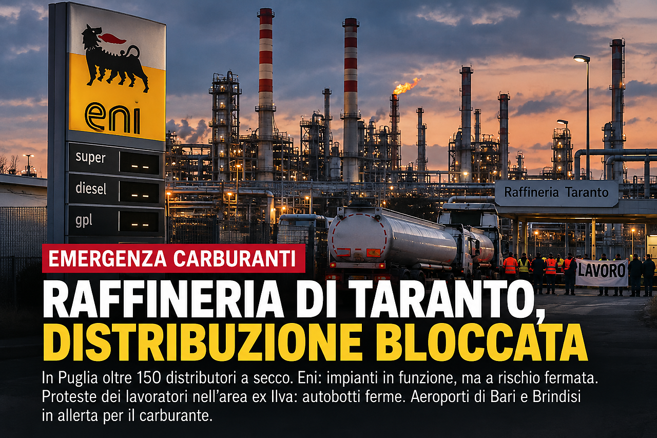 Carburanti in Puglia, blocco alla raffineria di Taranto: distributori a secco