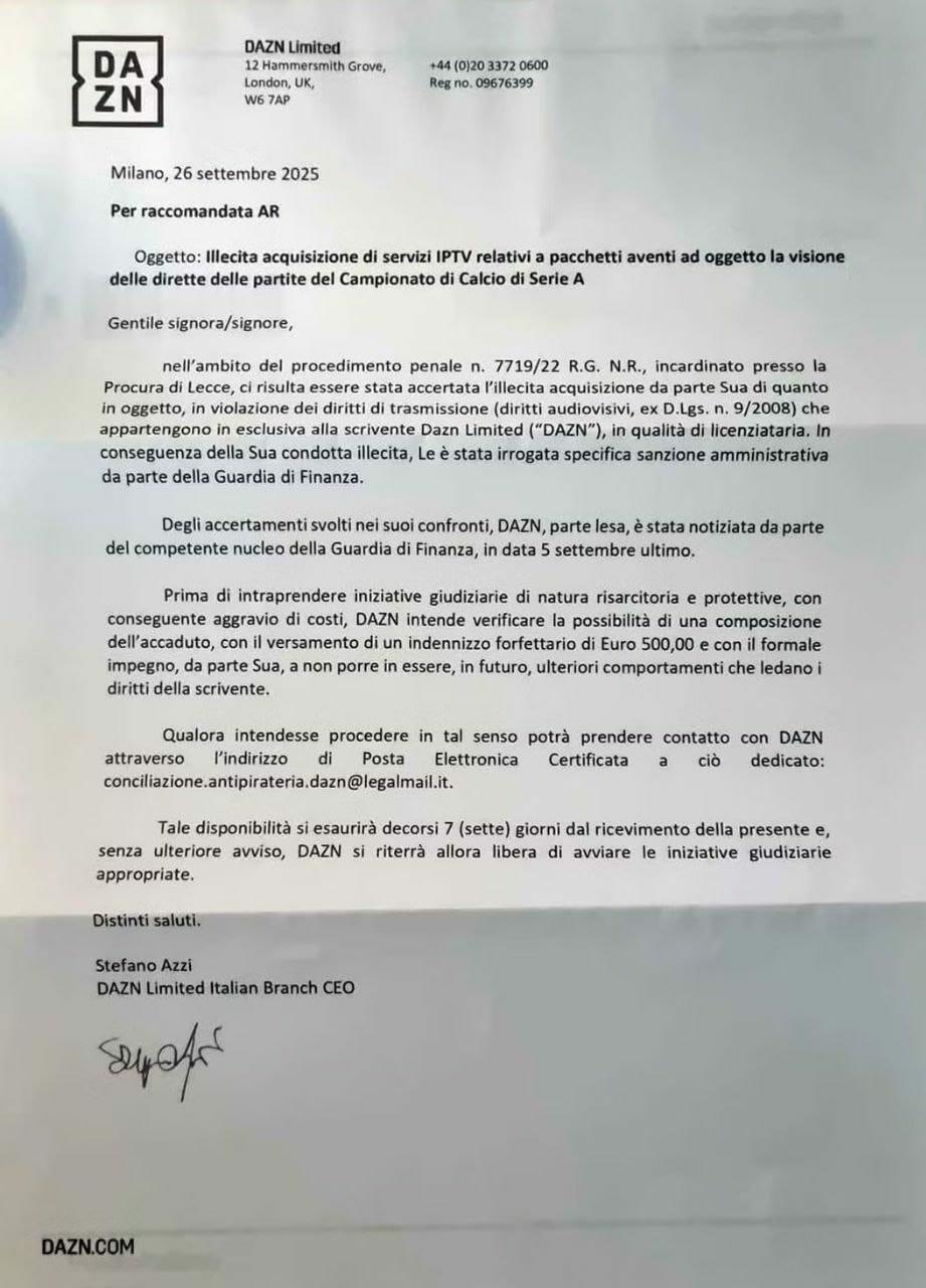 dazn raccomandata multa